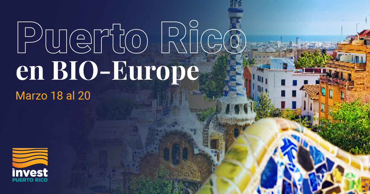 Imagen del parque Güell en Barcelona como fondo, con una superposición en degradé, donde se lee el texto "Puerto Rico en BIO-Europe, del 18 al 20 de marzo", seguido del logotipo de Invest Puerto Rico